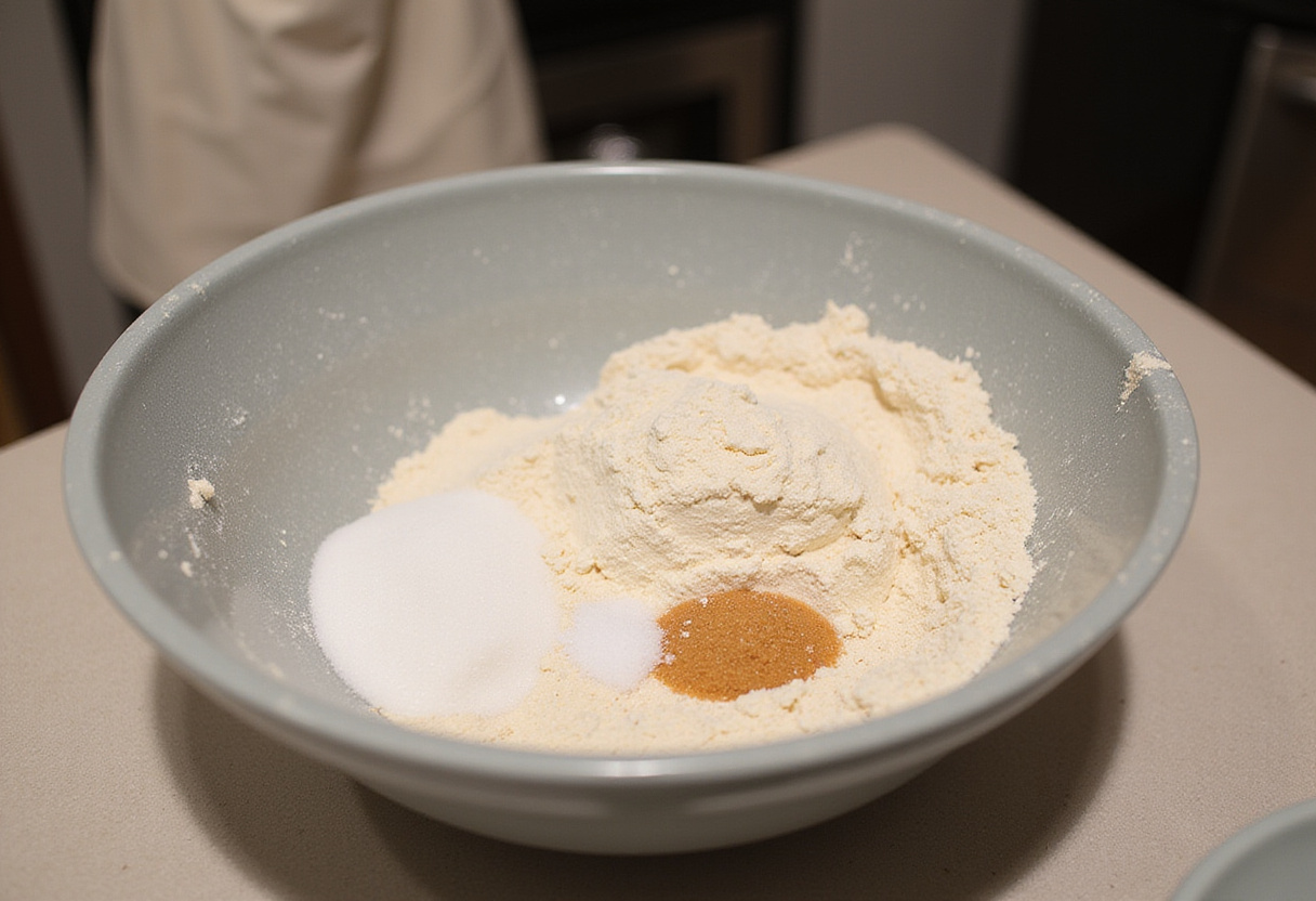 Ingrédients pour Oranais abricot, y compris la farine et le sucre, préparés pour la recette de viennoiserie abricot.