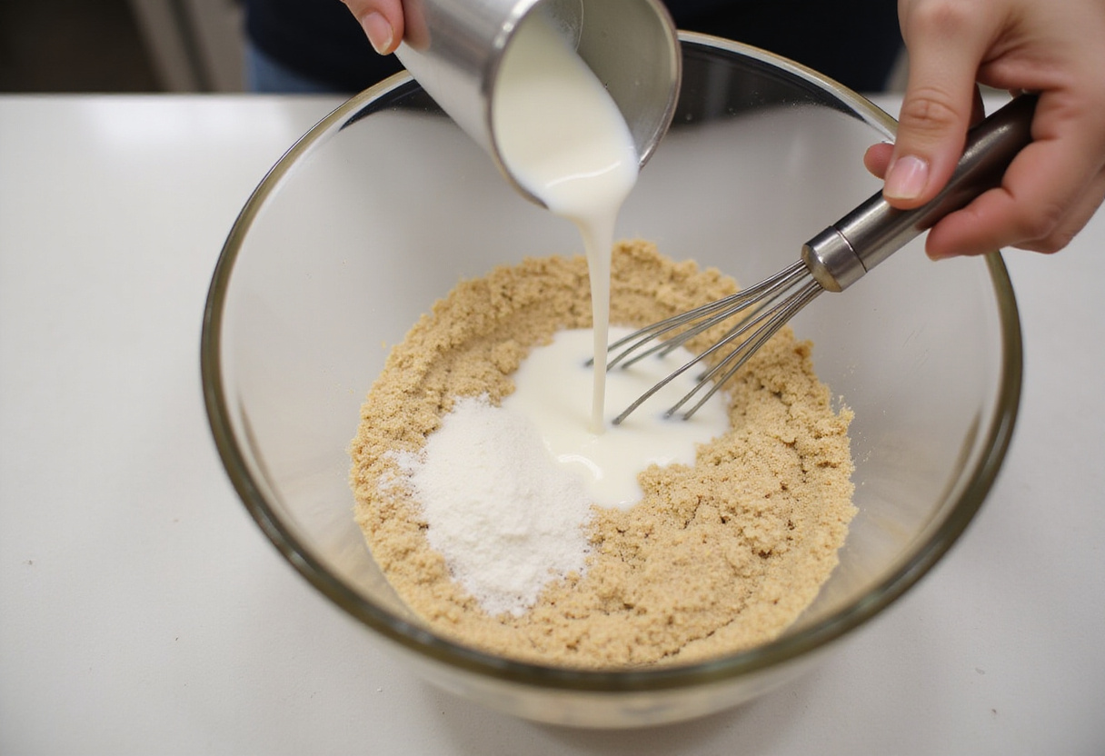 Lait tiède ajouté au mélange pour la préparation de la pâte pour la recette oranais.