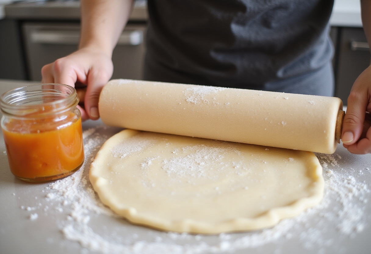 Pâte étalée pour la fabrication des Oranais, prête à être garnie de pâtisserie abricot.