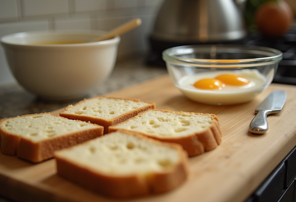 Slices of stale bread prepared for making pain perdu moelleux in a cozy kitchen.