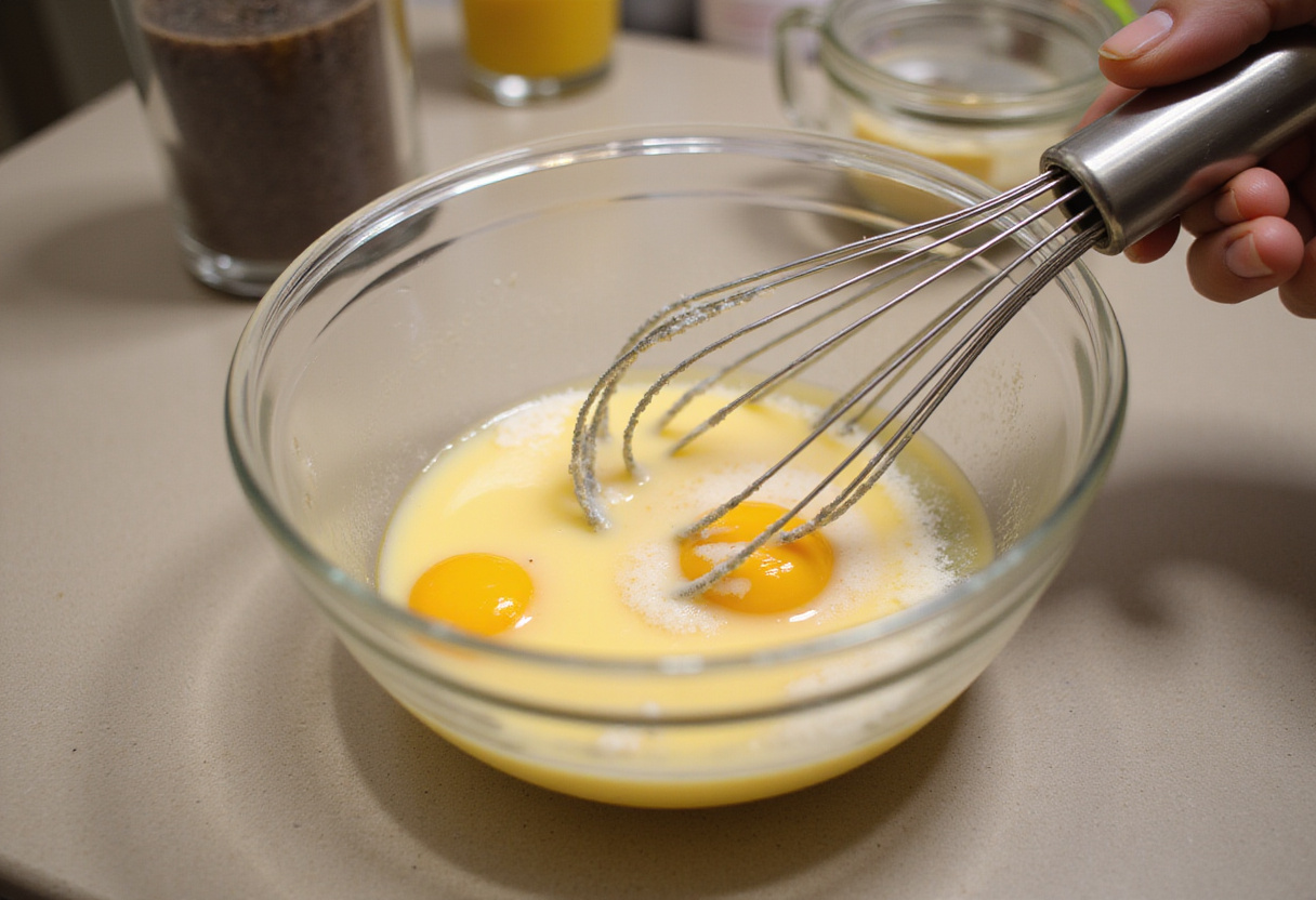 Egg mixture being prepared for the easy pain perdu recipe, highlighting the creamy texture.