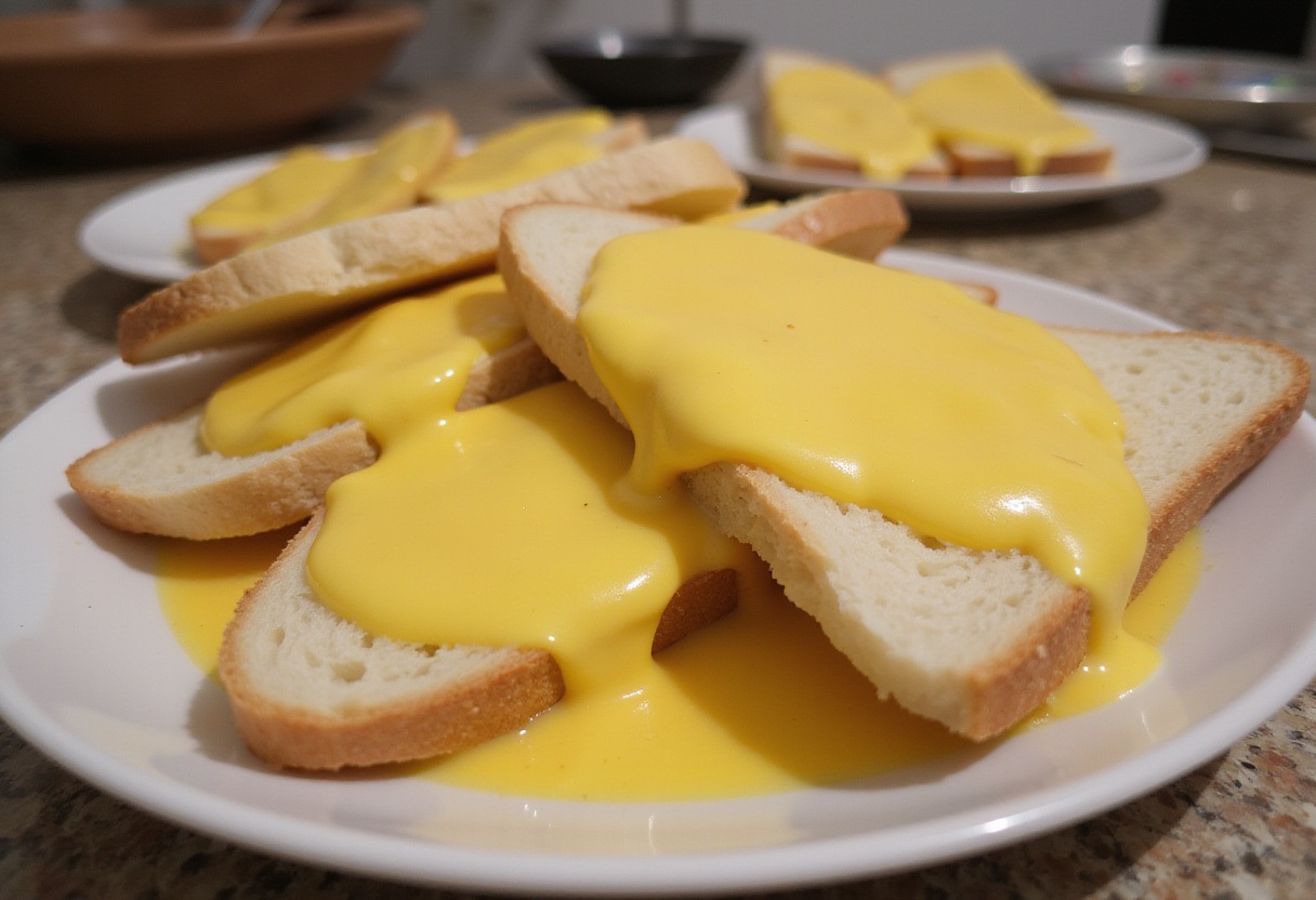 Bread slices soaking in the egg mixture for pain perdu moelleux, absorbing the flavors.
