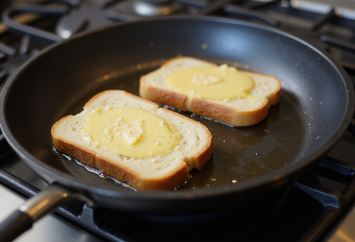 Melted butter in a skillet, preparing to cook the pain perdu moelleux.
