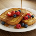 Delicious pain perdu traditionnel with maple syrup and berries, perfect for a traditional French breakfast.