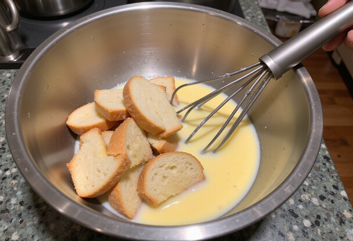 Tranches de pain rassis imbibées dans un mélange pour pain perdu traditionnel.
