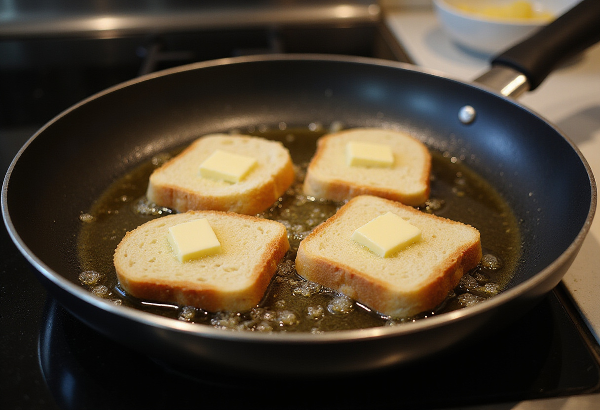 Cuisson de tranches de pain dans du beurre pour un pain perdu traditionnel.
