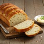 Pain à la poêle maison frais, tranché et servi avec du beurre, parfait pour une recette de pain à la poêle délicieuse.