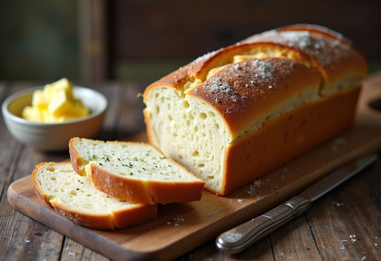 Pain à la poêle maison frais, tranché et servi avec du beurre, parfait pour une recette de pain à la poêle délicieuse.