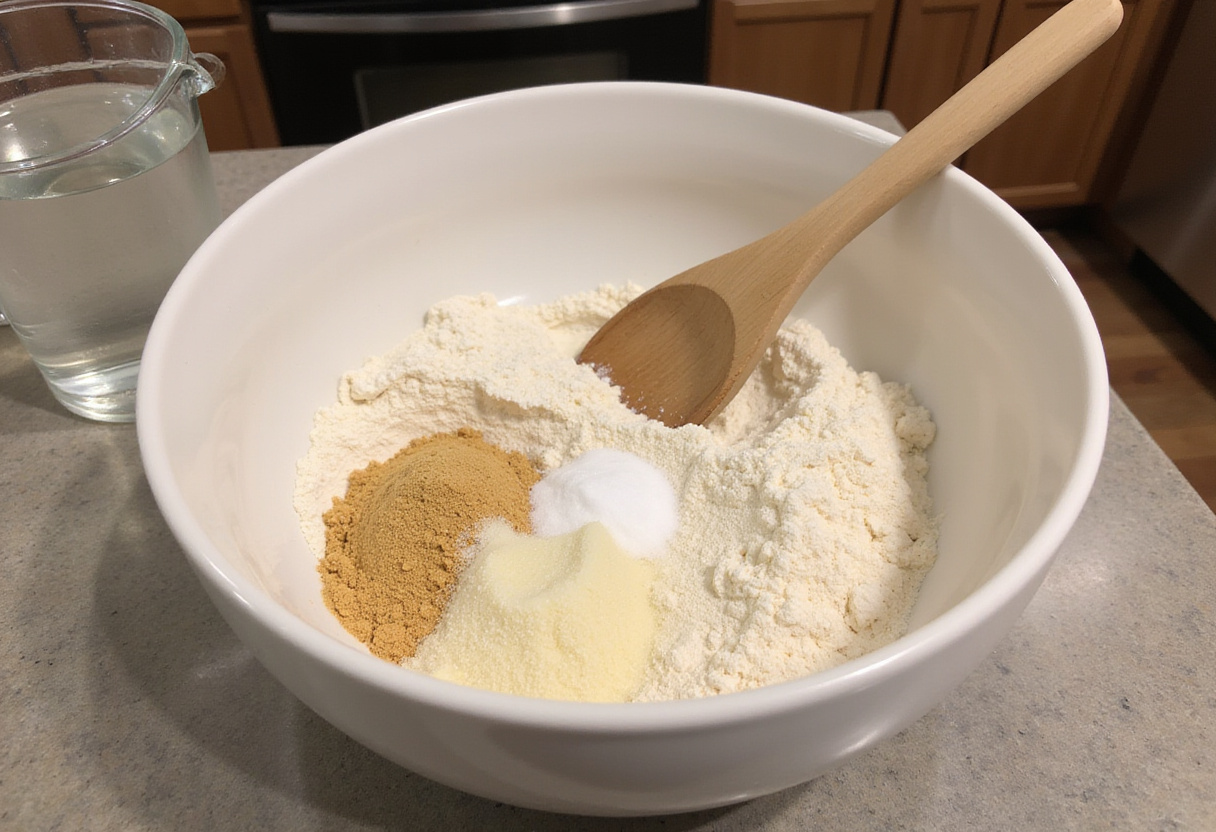 Ingrédients pour la recette de pain à la poêle : farine, levure et sel dans un bol de mélange.