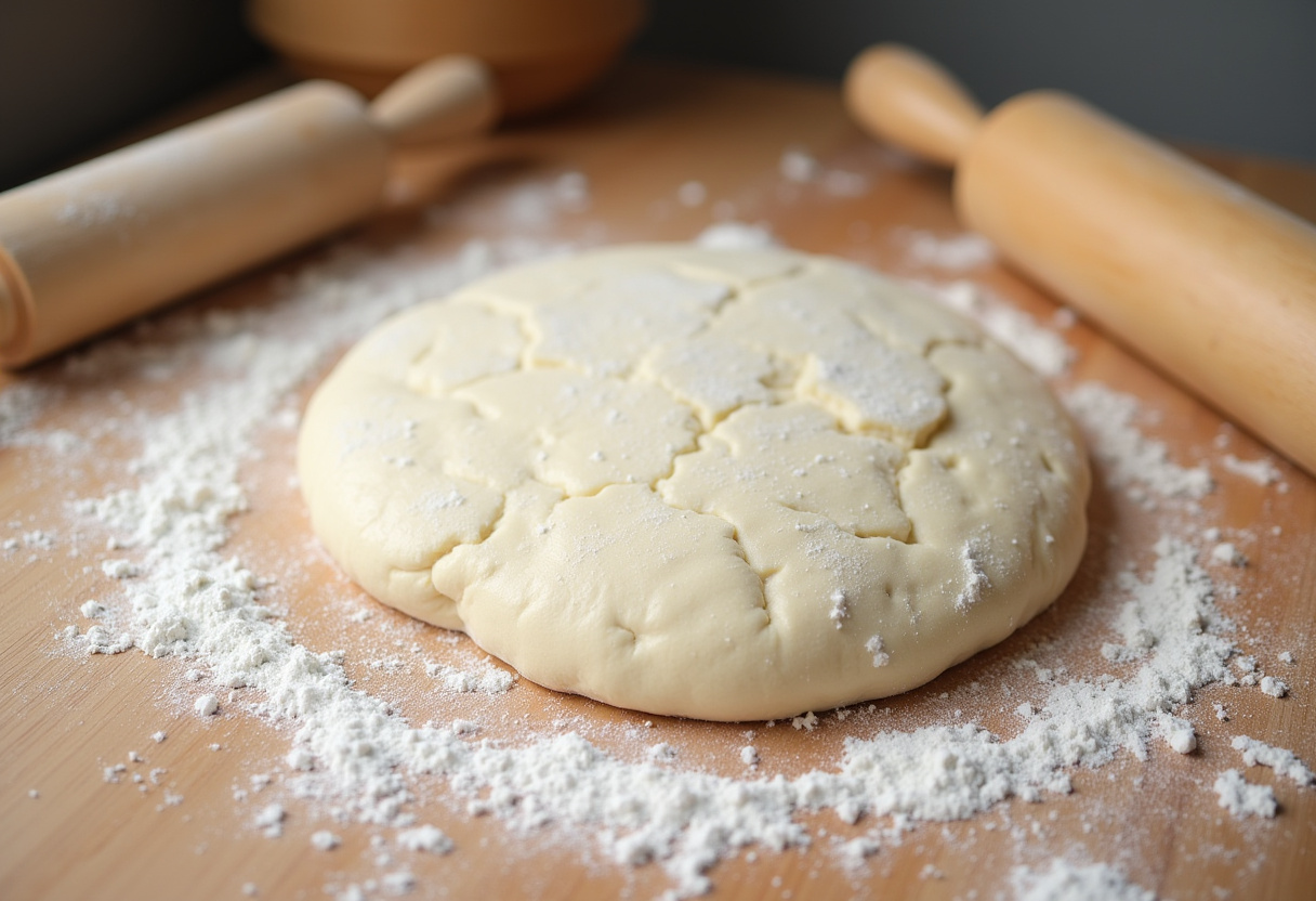 Pâte à pain maison en train d'être pétrie sur un plan de travail fariné pour une recette de pain à la poêle.