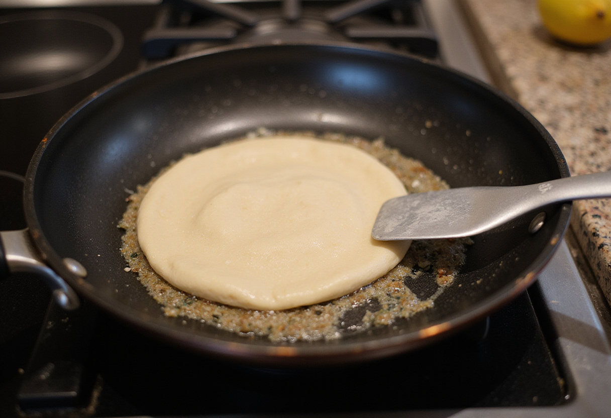 Pâte à pain préparée pour cuire dans une poêle sur le feu, parfaite pour une recette de pain rapide.