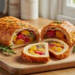 Baked pain surprise personnalisé showcasing delicious filling, perfect for a festive table.