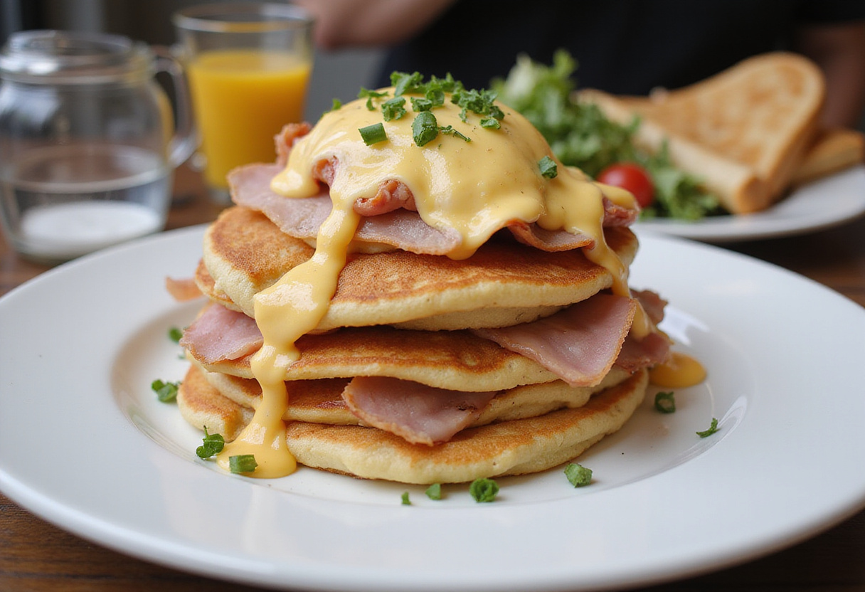 Delicious pancakes salés jambon-fromage served for a gourmet brunch.