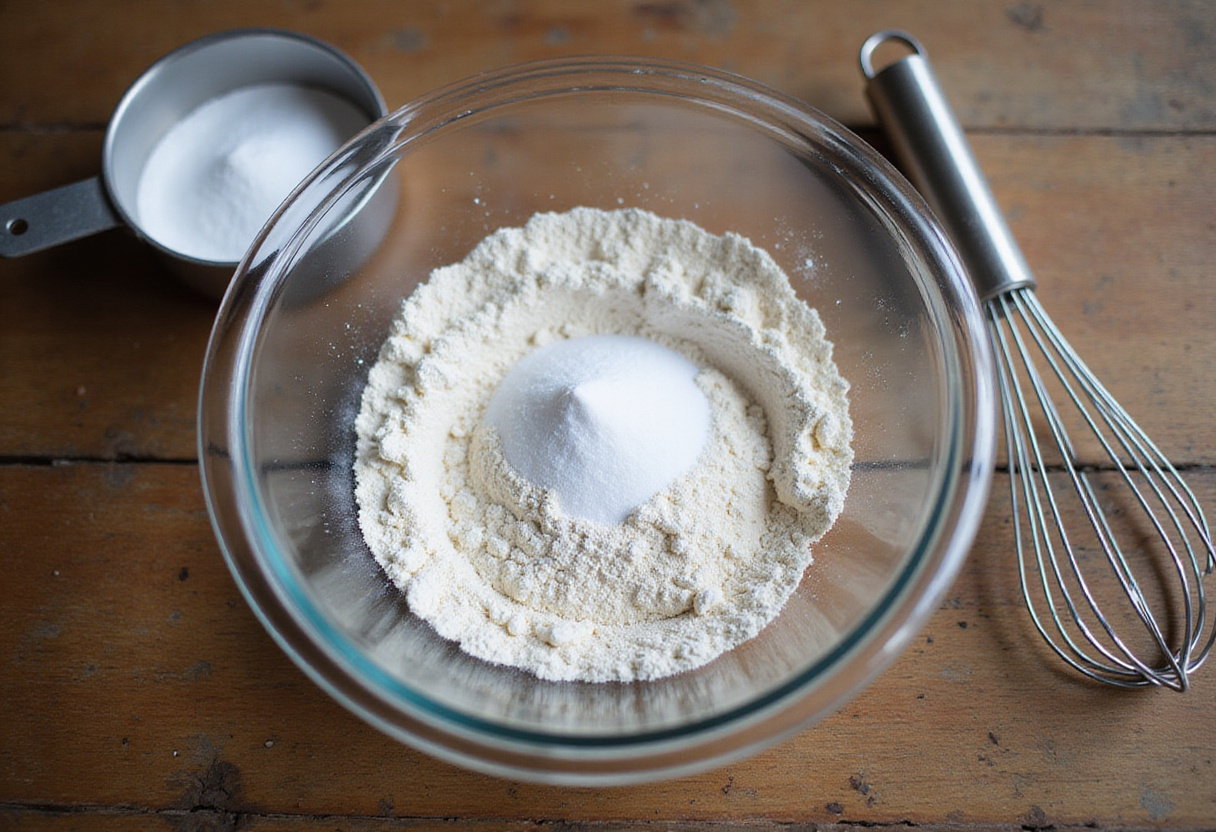 Preparation of pancake batter with flour and baking powder for pancakes salés jambon-fromage.