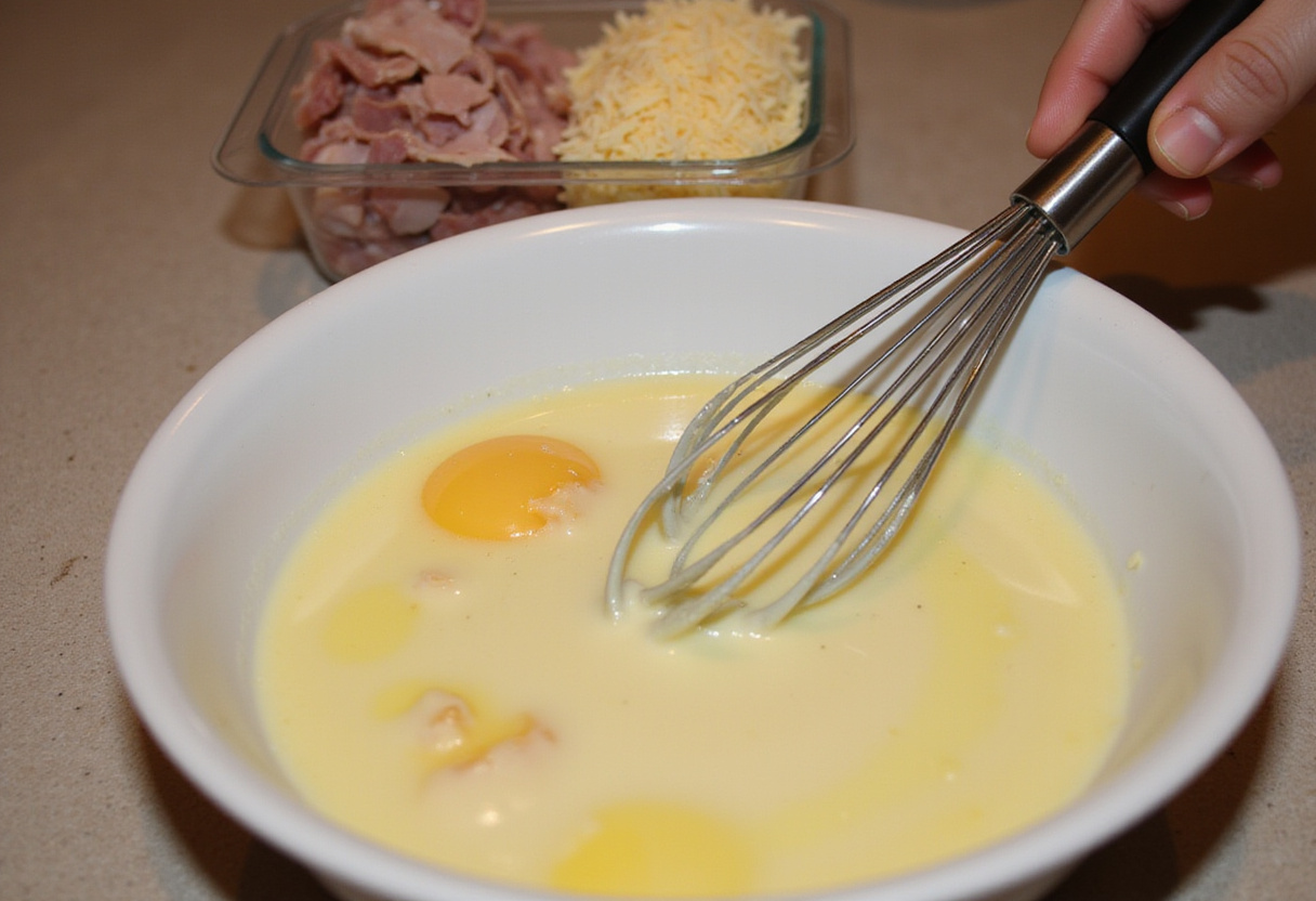 Mixing milk and eggs for a savory pancake recipe with ham and cheese.