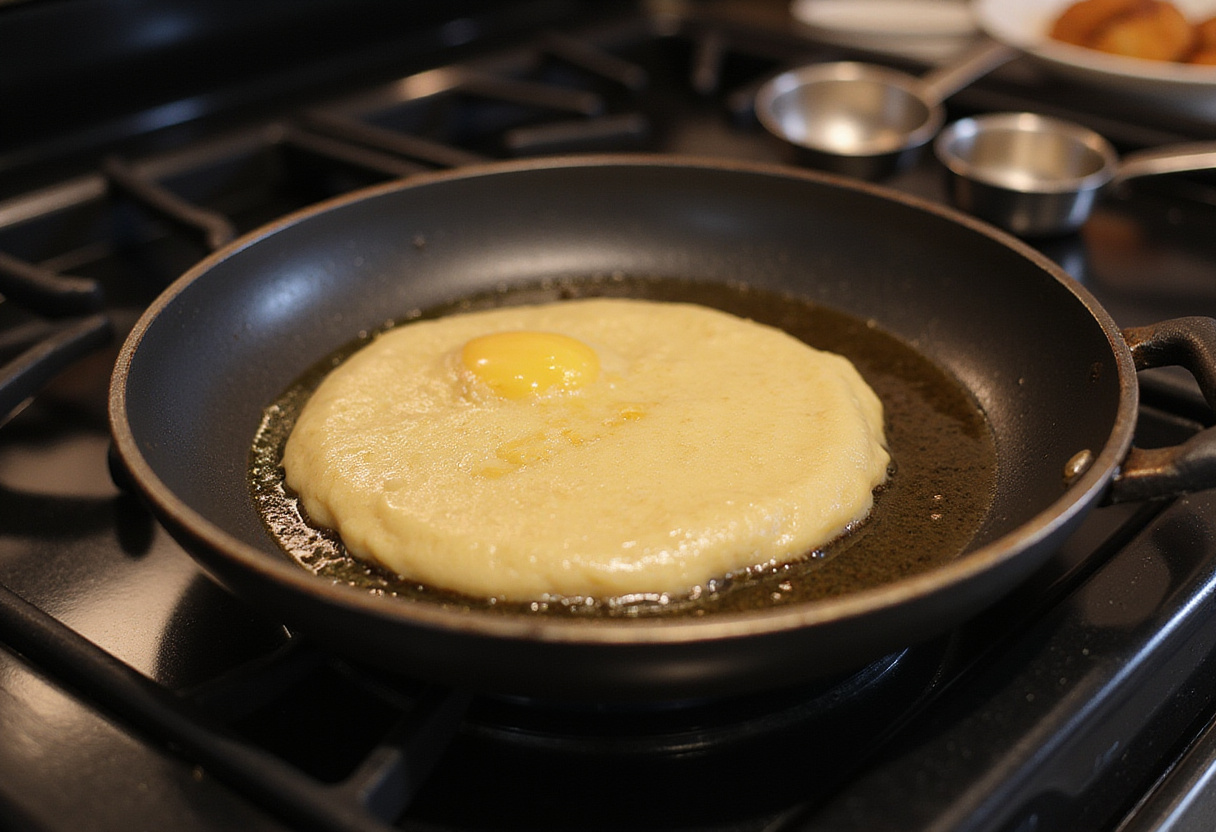 Heating a skillet for cooking delicious pancakes salés jambon-fromage.