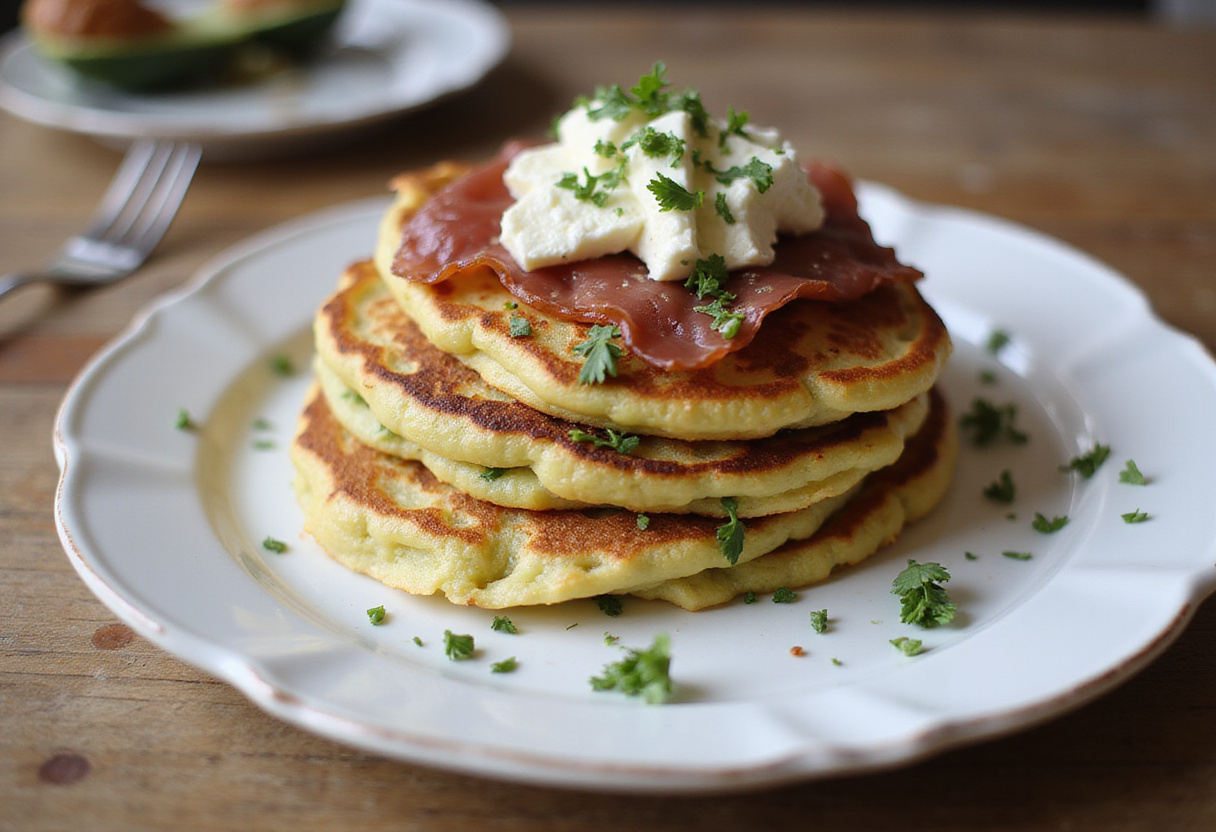 Délicieux pancakes salés aux courgettes, chèvre et jambon joliment présentés pour un savoureux petit déjeuner.