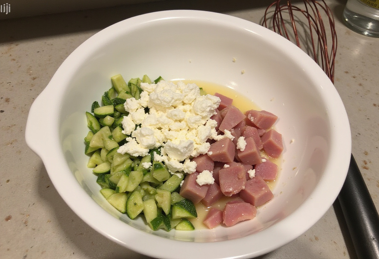 Ingrédients pour les pancakes salés: courgettes râpées, chèvre et jambon mélangés dans un bol.