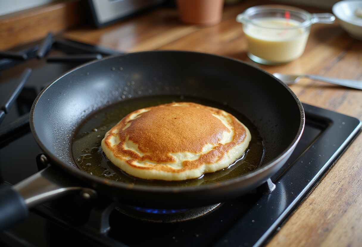 Préparation de la poêle pour les crêpes salées avec de l'huile d'olive pour les pancakes salés aux courgettes.
