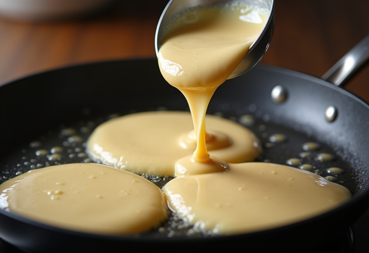 Pâte à pancake versée dans la poêle pour réaliser des pancakes salés aux courgettes, chèvre et jambon.