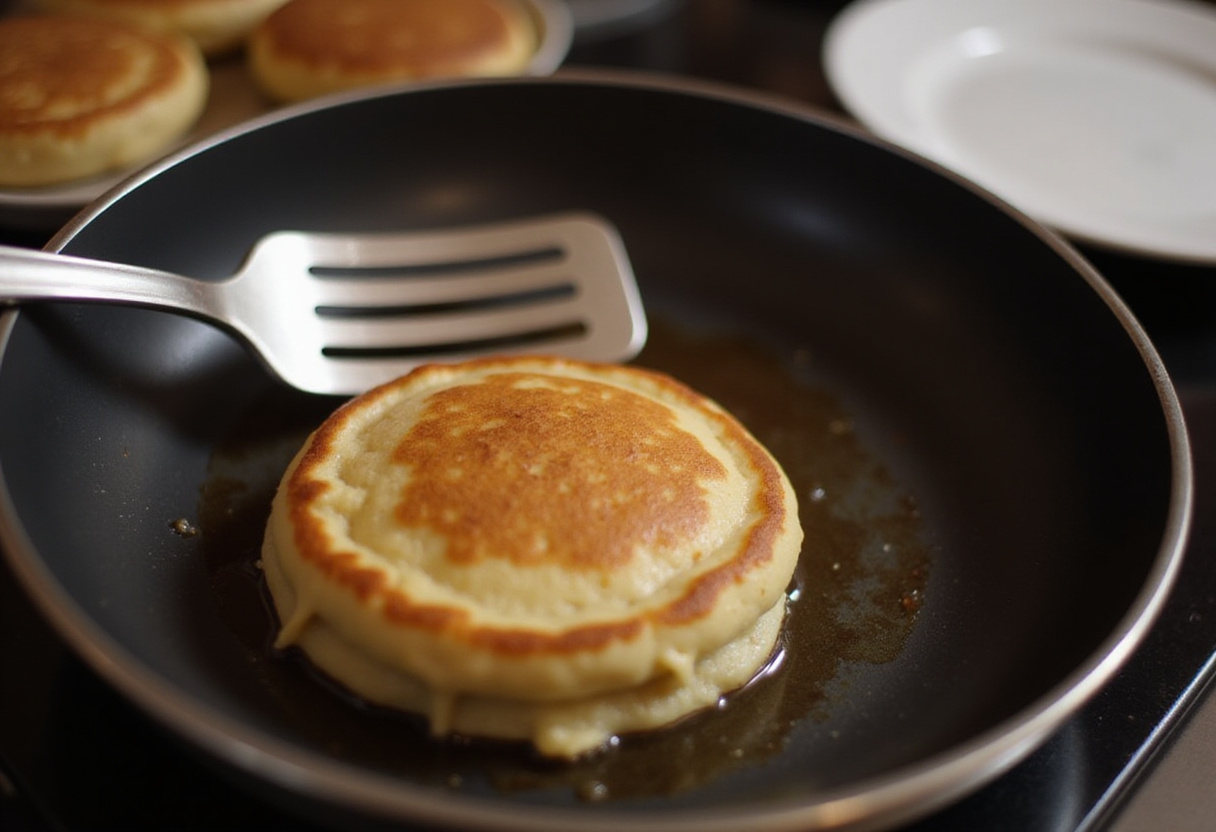 Retourner des pancakes salés dans la poêle, mettant en valeur leur couleur dorée pour un délicieux petit déjeuner.