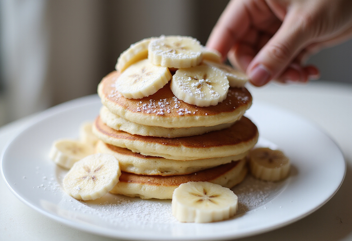 Finished pancakes légers au yaourt with banana slices and powdered sugar, perfect for a healthy breakfast.