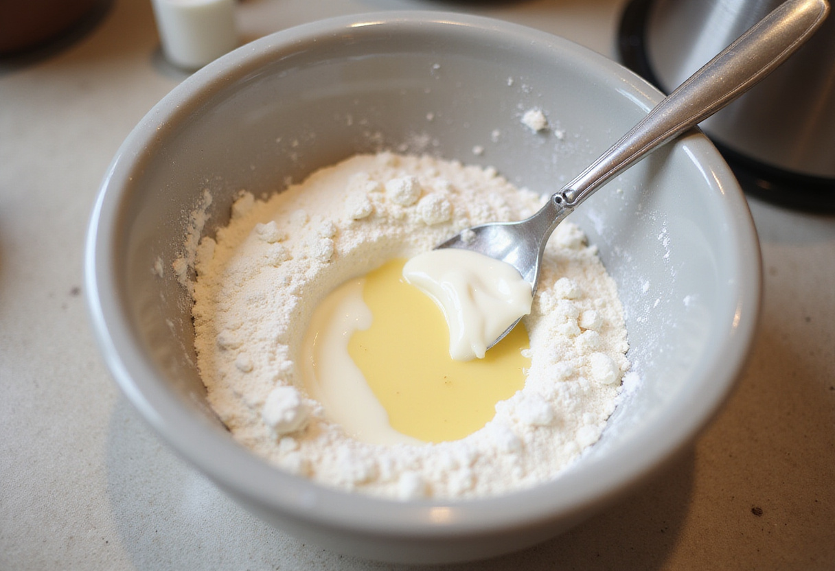 Ingredients for pancakes légers including yogurt and flour in a bowl for light pancakes recipe.