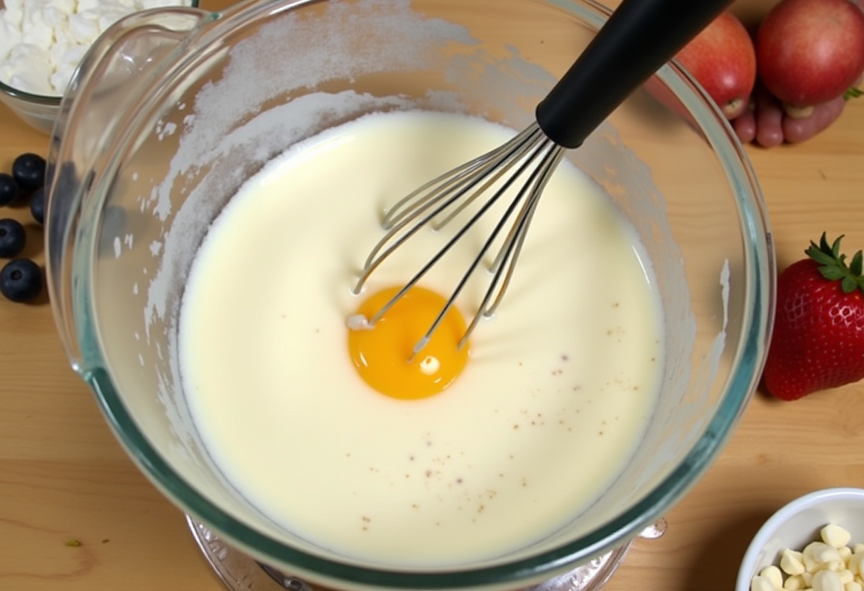 Whisking together yogurt, flour, and eggs for pancakes au yaourt for a healthy breakfast.
