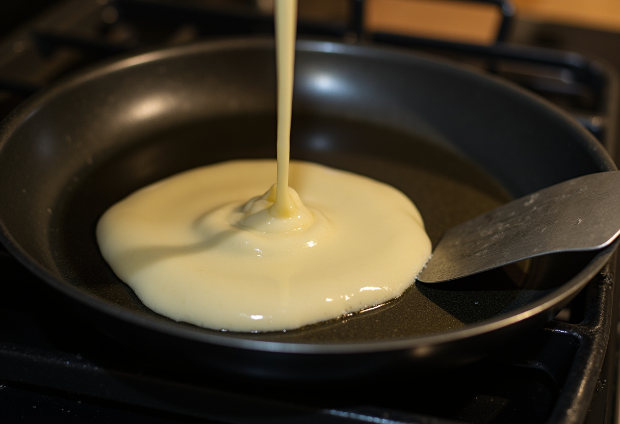 Pouring pancake batter into a skillet to make moelleux pancakes, healthy breakfast recipe in progress.