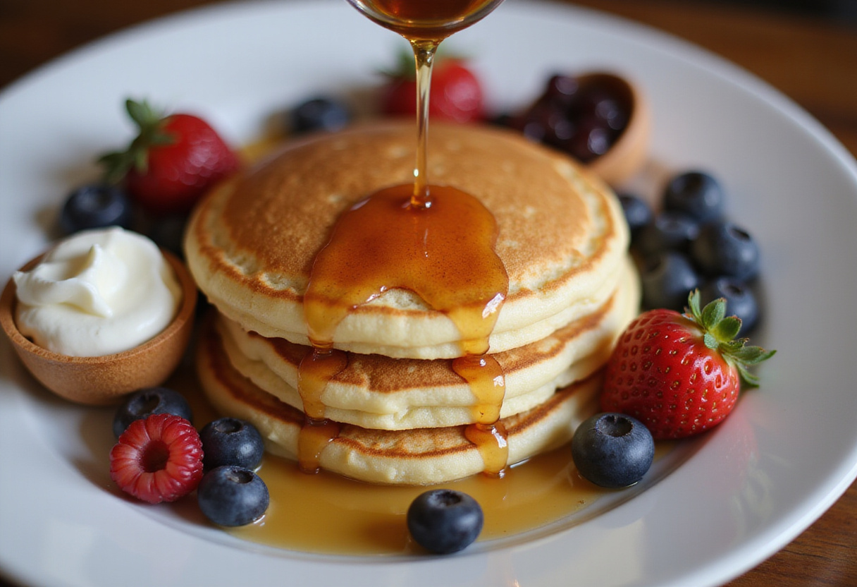 Golden pancakes au yaourt served with honey and fresh berries for a delicious petit-déjeuner.
