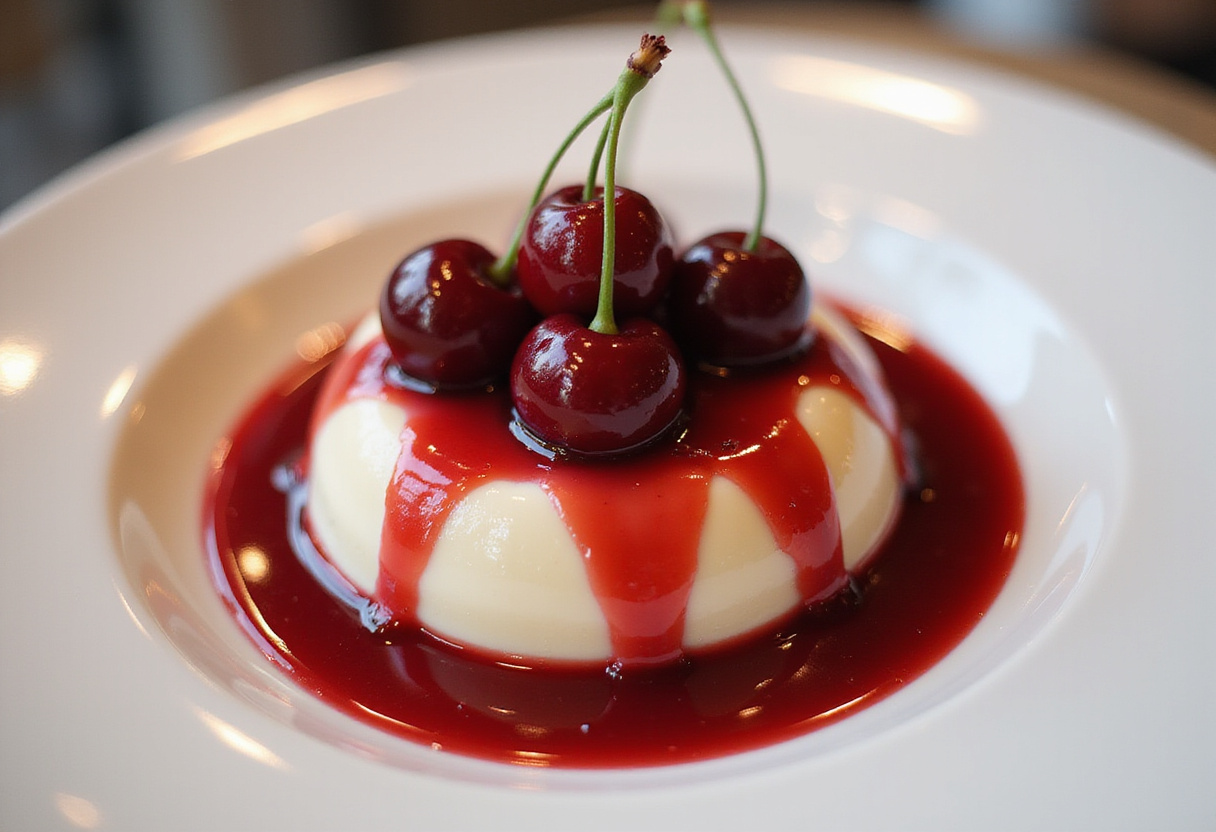 Delicious panna cotta aux cerises garnished with cherry sauce, perfect for a delightful dessert.