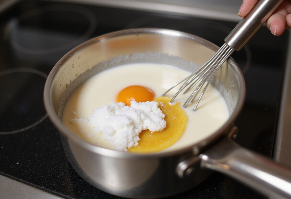 Preparation of panna cotta mixture with cream and sugar in a saucepan for panna cotta cerises.