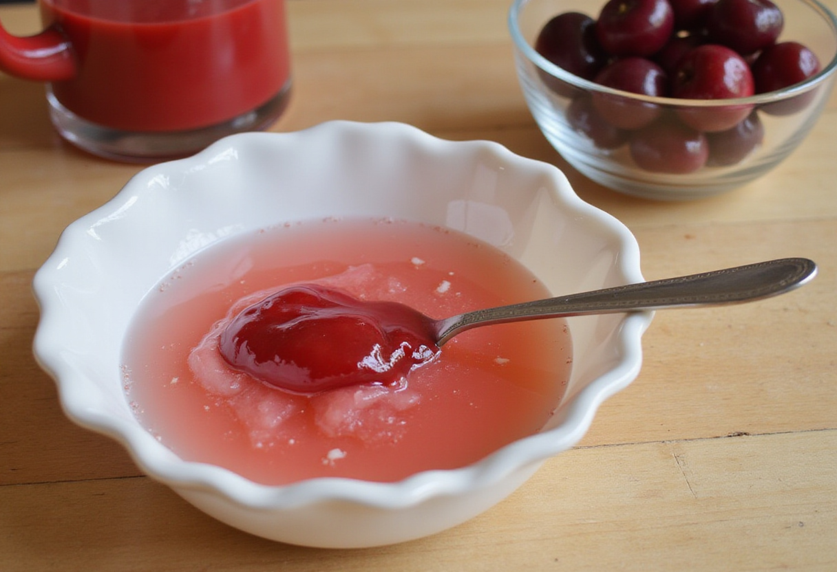 Gelatin dissolving in warm water for preparing panna cotta cerises dessert aux cerises.