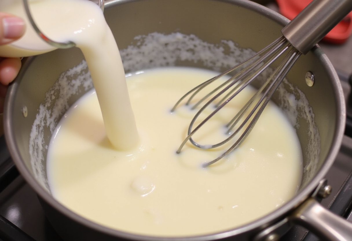 Incorporating dissolved gelatin into panna cotta mixture for an easy panna cotta recipe.