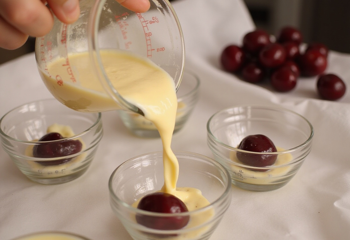 Pouring panna cotta mixture into cups, preparing for a classic dessert aux cerises.