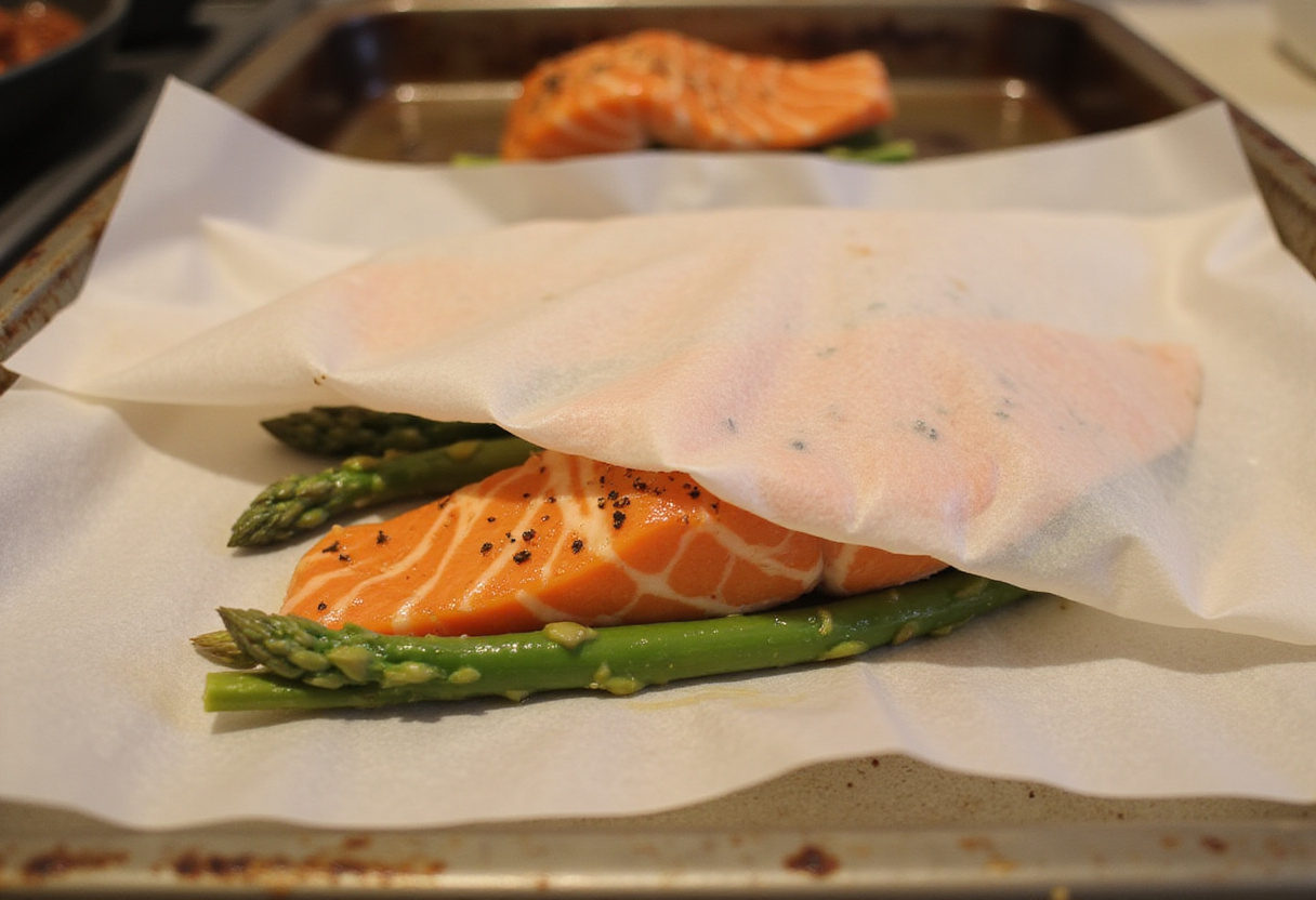Papillote de saumon prête à être cuite au four, avec un tray de cuisson en arrière-plan.