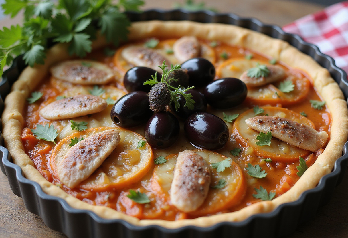 Anchovies and olives added on top of onion confit for Pissaladière maison, delicious summer dish.