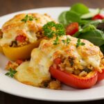 Finished poivrons farcis with melted cheese and herbs, a classique facile pour le dîner.