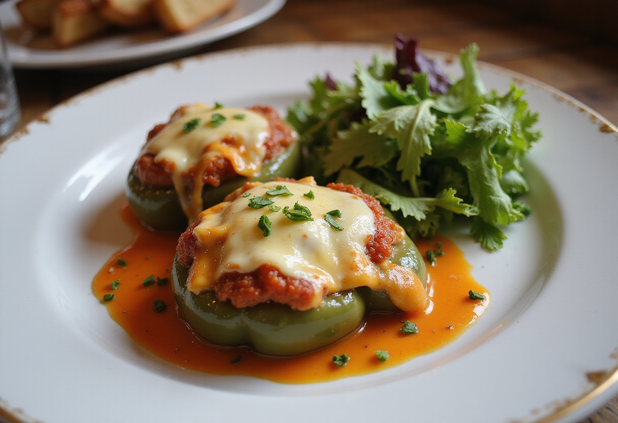 Finished poivrons farcis with melted cheese and herbs, a classique facile pour le dîner.