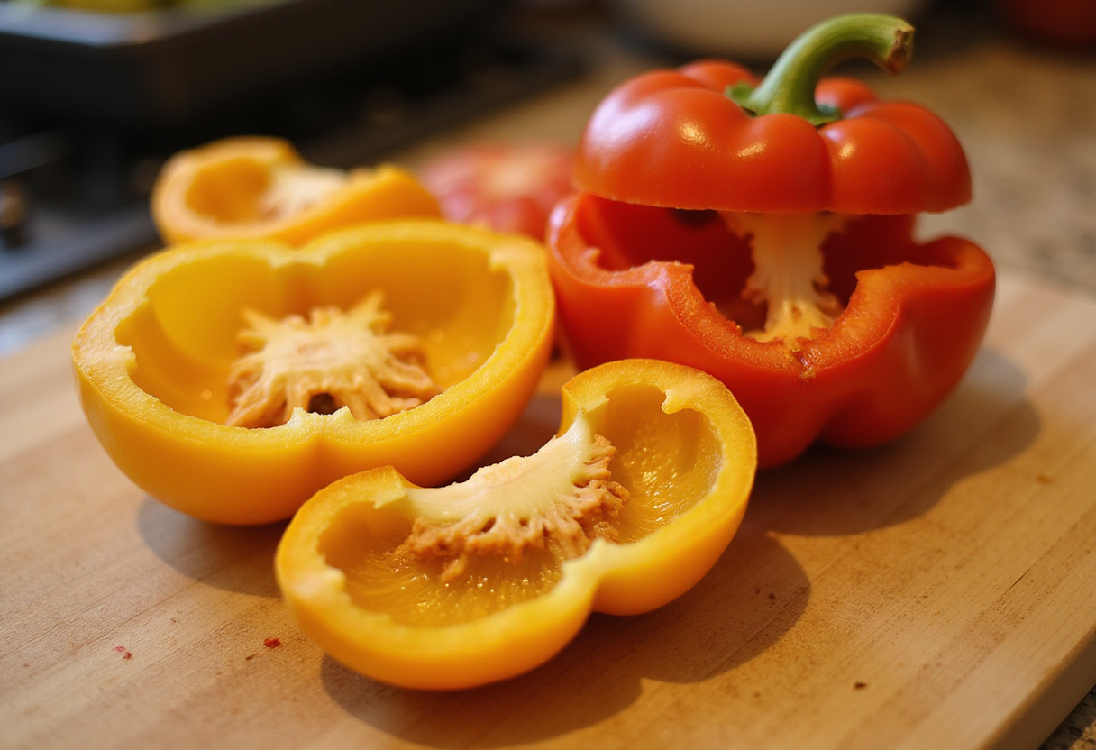 Poivrons farcis halved and prepared for stuffing in a vibrant kitchen.