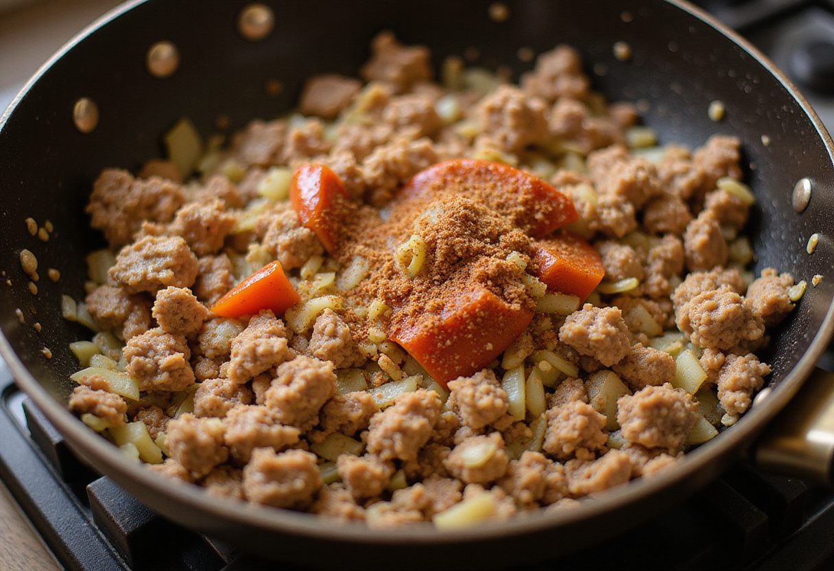 Viande hachée being browned with onions and spices for a recette facile de poivrons farcis.