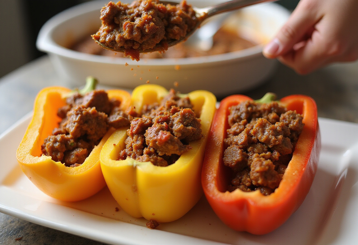 Stuffing halved bell peppers with a delicious meat mixture for classic poivrons farcis.