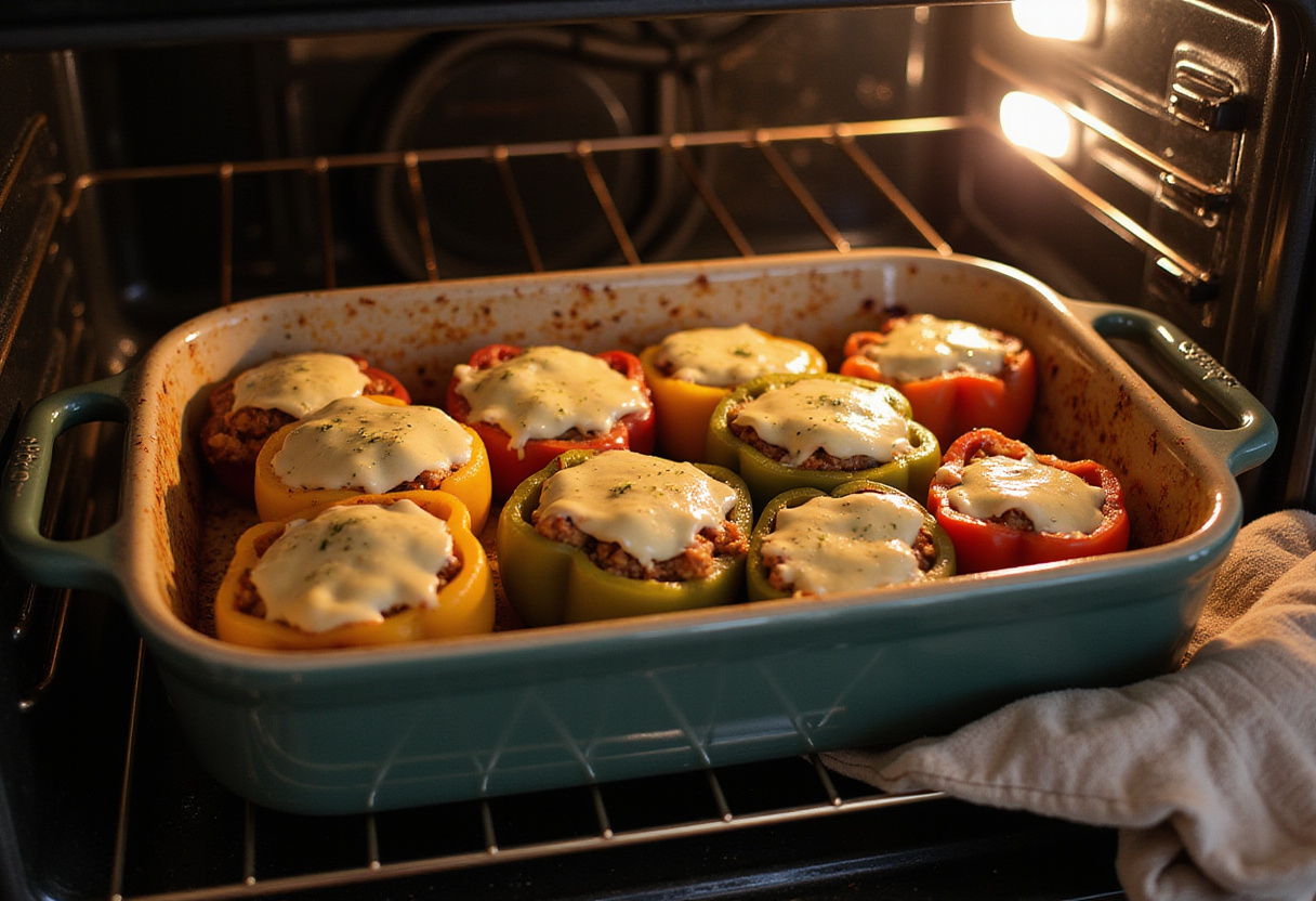 Baking dish with stuffed peppers ready to go into the oven for a classic meal.