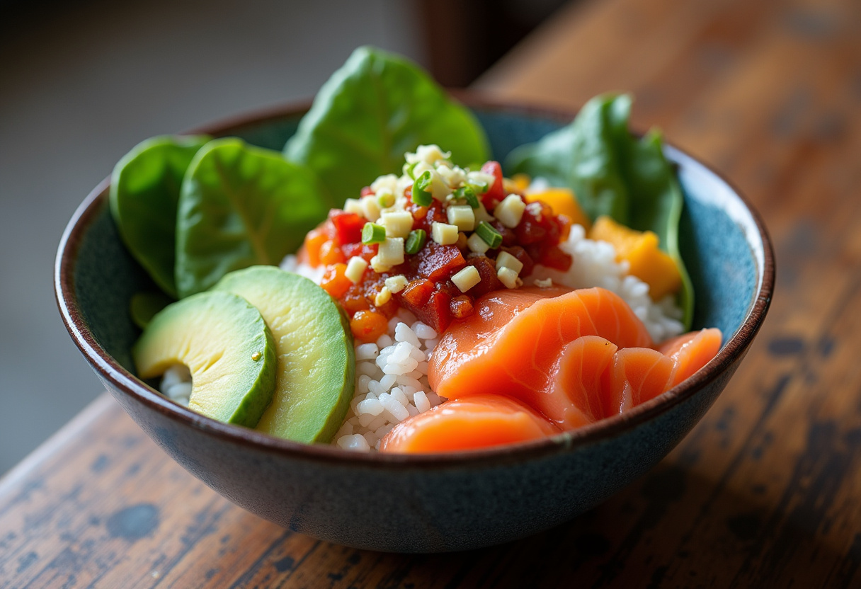 Poké bowl saumon-avocat-épinards terminé, un repas healthy rapide à déguster.