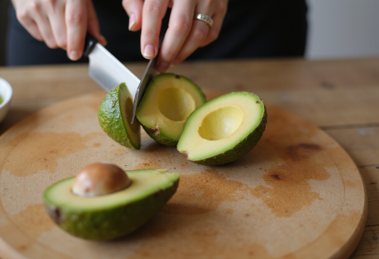 Préparation de l'avocat pour un poké bowl avocat dans une recette rapide de poké bowl.