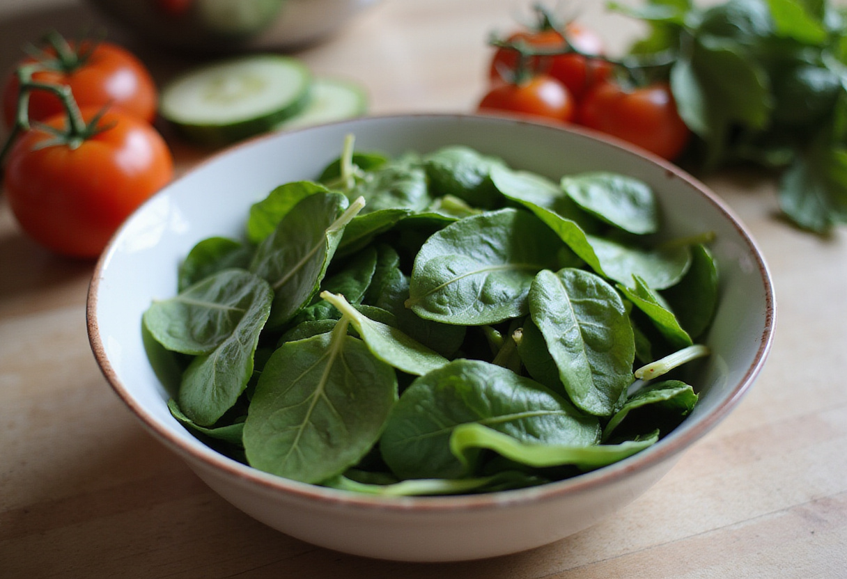 Épinards frais préparés pour un poké bowl sain avec des légumes coupés.