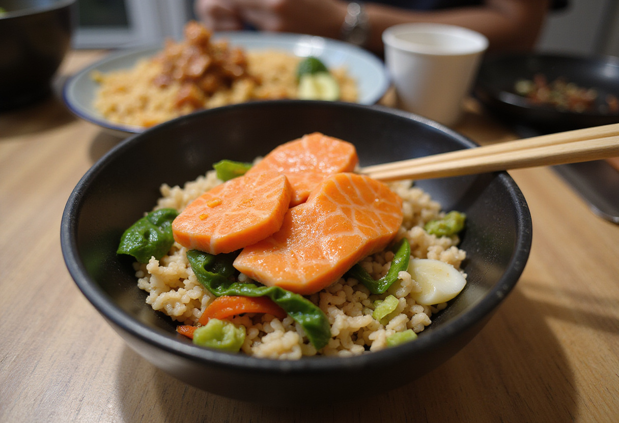 Saumon tranché disposé pour un poké bowl saumon appétissant et coloré.