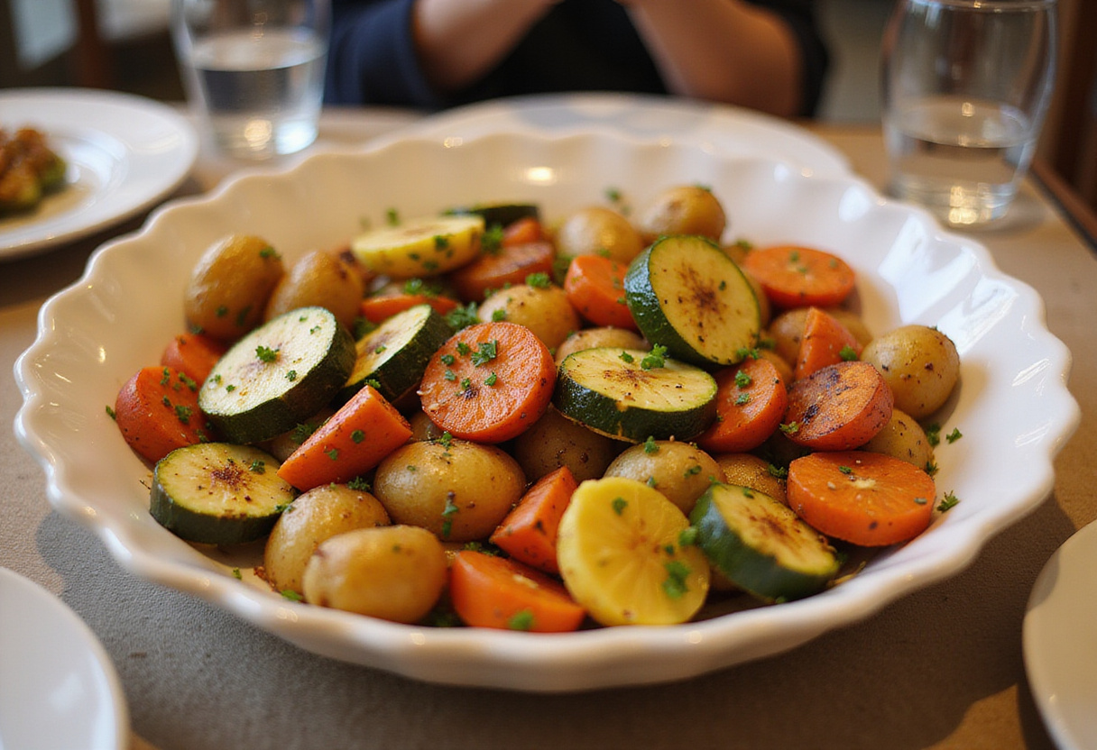 Plat de légumes rôtis aux herbes et à l'ail, idéal pour un repas savoureux.