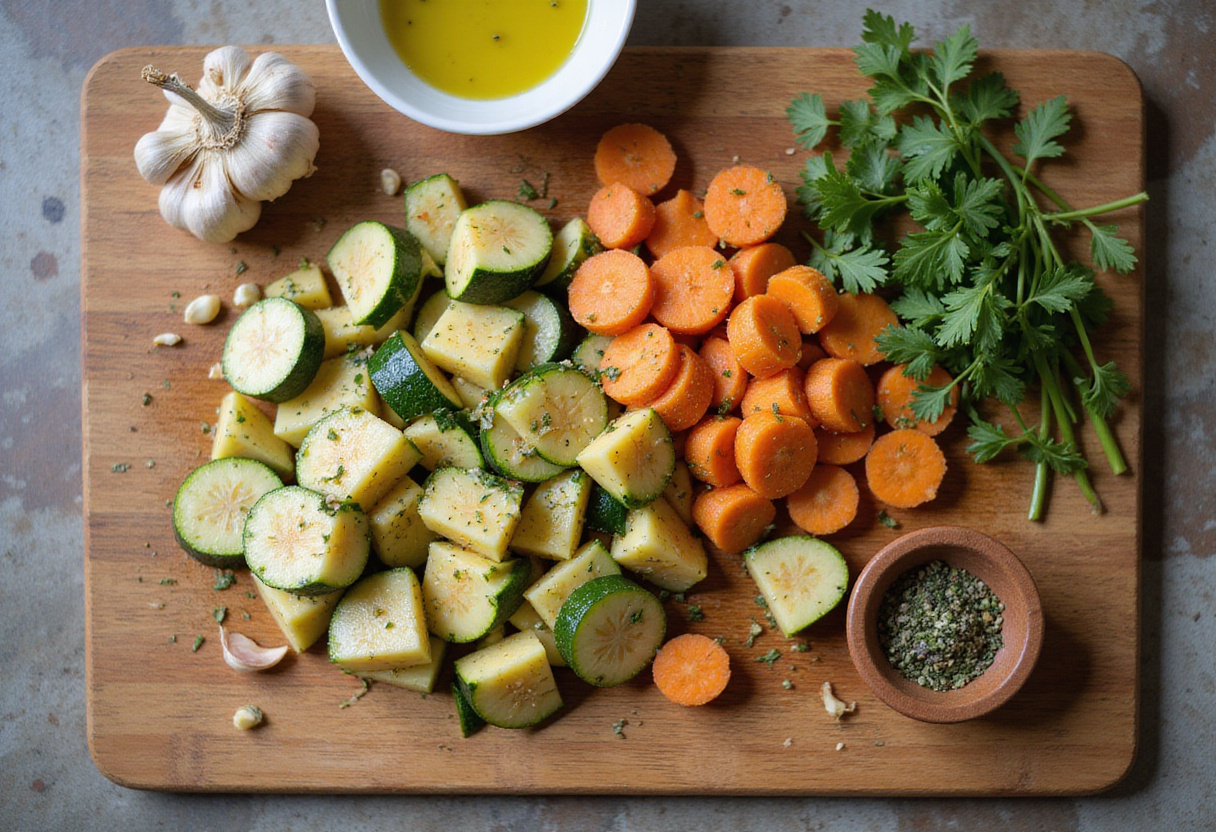 Préparation des légumes pour la recette de pommes de terre rôties aux herbes et à l'ail.