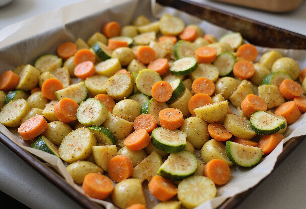 Légumes préparés sur un plateau pour la recette de pommes de terre rôties au four.